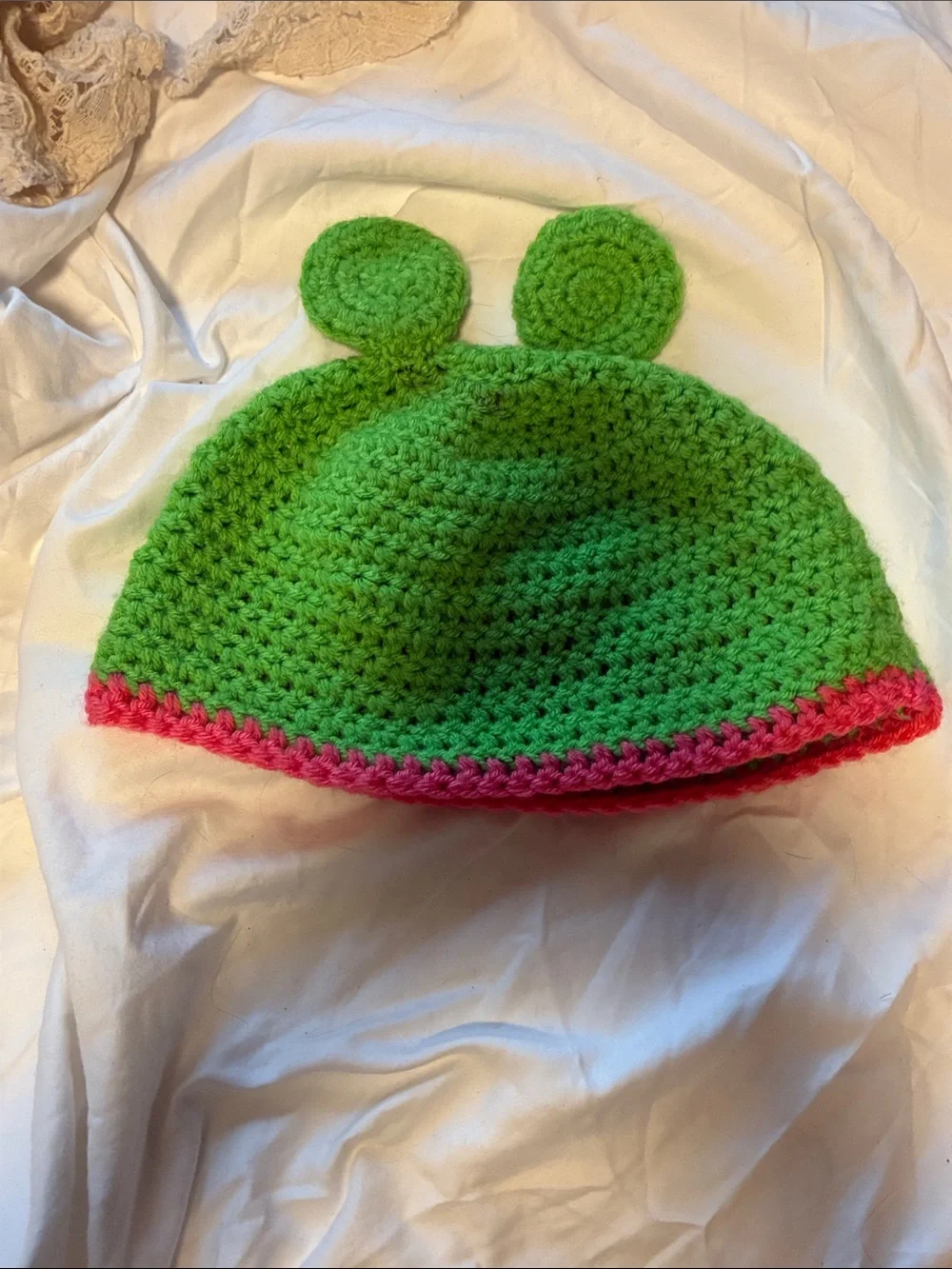 Handmade Green Frog Crochet Beanie with Pink Trim